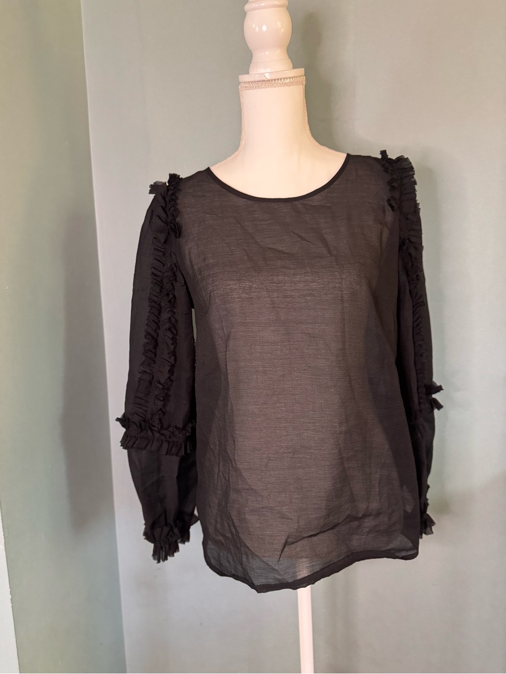 Halogen Black Ruffle-Trim Semi-Sheer Blouse Small Embellished Top Long Sleeve